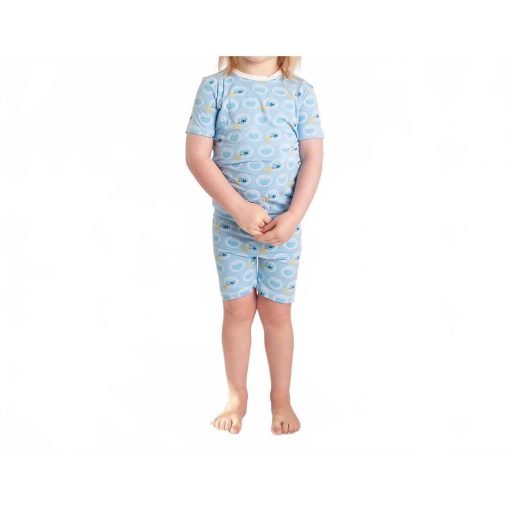NEW KICKEE kid's short sleeve pajama set with shorts in seaside blue porthole ru